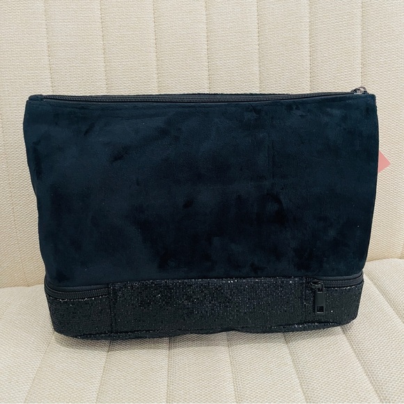 NEW Juicy Couture Black Velour‎ XL Multi Compartment Rhinestone Logo Makeup Bag - Picture 5 of 6